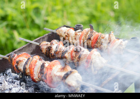 Spieße mit Shish Kebab Tomaten und Zwiebeln smoky über Kohlen in einem brazier Stockfoto