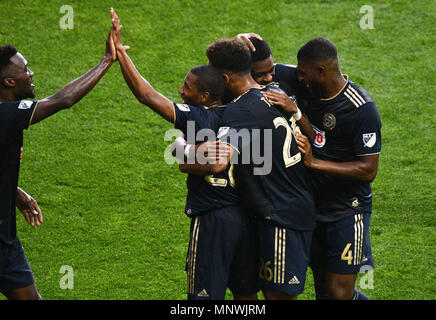 Chester, Pennsylvania, USA. 19 Mai, 2018. Philadelphia Union Spieler, feiern ein Tor gegen Real Salt Lake in Chester Pa Credit: Ricky Fitchett/ZUMA Draht/Alamy leben Nachrichten Stockfoto