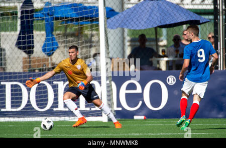 Hongkong, China. 20. Mai 2018. HKFC Citi Fußball Sevens 2018 Hong Kong. Glasgow Rangers gewinnen durch ein Golden Goal Score 2-1 gegen Cagliari Calcio in der Cup Halbfinale. Golden Goal von Andrew Dallas Credit: Jayne Russell/Alamy leben Nachrichten Stockfoto