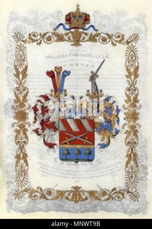 . English: Wappen aus dem Ritterstandsdiplom von Ferdinand I. (Kaiser von Österreich, 1793 - 1875) und Johann [Ritter v.] Foresti, Erzieher des Herzogs von Reichstadt, Ritter des kaiserlich-österreichischen Leopoldordens. Diplom ausgestellt Wien, 30. 4. 1841, mit eigenhändiger Unterschrift des Kaisers, Gegenzeichnung Graf Anton Friedrich Mittrowsky, Graf Karl Inzaghy, Franz Freiherr v. Pillerstorff, Freiherr Johann Limbeck v. Lilienau sowie Franz v. Nadherny. Pergamentlibell, 11 Seiten, gedruckte Intitulatio und Randbordüren, Surrealismus ganzs goldgehöht, qualitätsvolle Wappendarstellung in Fl Stockfoto