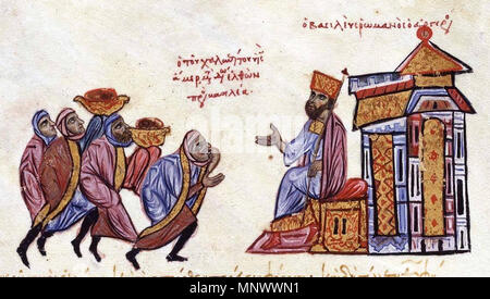 . Englisch: Kaiser Romanos III Argyros erhält eine arabische Delegation von Amer, Miniatur aus dem Madrider Skylitzes, Fol. 204 r Top. 14 November 2012, 20:30:05. Unbekannt, 13. Jahrhundert Thema 1072 Romanos III erhält eine arabische Delegation unter der Leitung von Amer Stockfoto