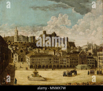 . Englisch: Der Platz Rossio (vor der All Saints' Royal Hospital) und St. George Schloss, vor dem 1755 Erdbeben von Lissabon. Português: Praça do Rossio (com a fachada do Hospital Real de Todos os Santos em primeiro Plano), e o Castelo de S. Jorge, antes tun Terramoto de Lisboa de 1755. Erste Hälfte des 18. Jahrhunderts. Unbekannt 1073 Rossio e Castelo de S. Jorge antes tun Terramoto de 1755 Stockfoto
