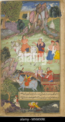 . Englisch: Folio aus dem Ramayana von Valmiki Ramayana (Freier), Vol.1, Folio 22; recto: Rsyasrnga reist nach Ayodhya mit Santa; Verso: Text (1597-1605 Govardhan, Inder, Indisch), Mughal dynasty Opak Aquarell, Tinte und Gold auf dem Papier H: 26,5 W: 13,9 cm Nordindien Geschenk des Charles Lang Freer F 1907.271 .22. zwischen 1597 und 1605. Govardhan, (Inder, Indisch), Mughal Dynasty 1076 Rsyasrnga reist nach Ayodhya mit Santa Stockfoto