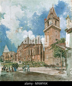 Pfarrkirche und Wehrturm in Perchtoldsdorf bei Wien 1883. 1077 Rudolf von Alt Perchtoldsdorf Stockfoto