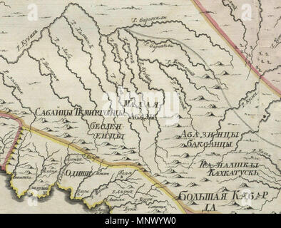 . Русский: Первый официальный атлас Российской империи (1745). Положение мест Чёрным между и Каспйским морями, вклчючает Кубань, Грузинскую землю и устье реки Волги. Карта Оригинальная гравирована на меди и раскрашена вручную акварелью. Englisch: Erste offizielle geographischen Atlas des Russischen Reiches (1745). Karte der Orte zwischen Schwarzen und Kaspischen Meer, gehören Kuban, Georgien und die Mündung der Wolga. 1745. РАН (Russische Akademie der Wissenschaften) 1080 Russische Reich 1745 (Karte XI HQ). K Stockfoto