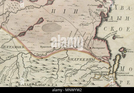 . Русский: Первый официальный атлас Российской империи (1745). Положение мест Чёрным между и Каспйским морями, вклчючает Кубань, Грузинскую землю и устье реки Волги. Карта Оригинальная гравирована на меди и раскрашена вручную акварелью. Englisch: Erste offizielle geographischen Atlas des Russischen Reiches (1745). Karte der Orte zwischen Schwarzen und Kaspischen Meer, gehören Kuban, Georgien und die Mündung der Wolga. 1745. РАН (Russische Akademie der Wissenschaften) 1080 Russische Reich 1745 (Karte XI HQ). M Stockfoto