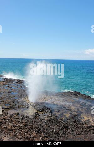 Jubelnde Horn liegt vor der südlichen Küste von Kauai in der koloa Bezirk und ist bekannt für seine brechenden Wellen und große Spray von Wasser bekannt. Stockfoto