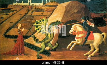 Englisch: St. George und der Drache zwischen 1458 und 1460. 1084 St. Georg und der Drache von Paolo Uccello (Paris), 01. Stockfoto