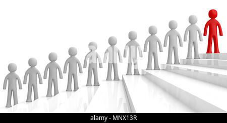 Führung und Erfolg Konzept. Team der weißen menschlichen Figuren auf der Treppe, eine rote Abbildung weiter oben, weißen Hintergrund. 3D-Darstellung Stockfoto