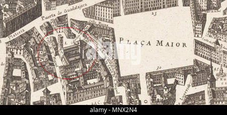 . Las mejores de la Iglesia de San Miguel de los Octoes (L), Junto a la Plaza Mayor, en un Plano de Madrid Del Siglo XVII. 1656. Pedro Teixeira 1091 San Miguel de los Octoes-Plano de Teixeira Stockfoto