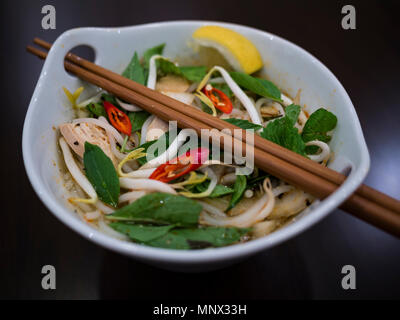 Schön und appetitlich Foto von einem traditionellen vietnamesischen Huhn Nudelsuppe, auch bekannt als Pho Ga. In einer weißen Schüssel mit Holz- Hintergrund und luxuri Stockfoto