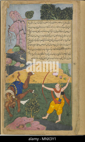 . Englisch: Folio aus dem Ramayana von Valmiki Ramayana (Freier), Vol. 2, Folio 332, recto: Satrughna erschlägt Lavana; Verso: Text 1597-1605 Qasim, (Indische, Mughal dynasty Opak Aquarell, Tinte und Gold auf dem Papier H: 27,5 W: 15,2 cm Nordindien Geschenk des Charles Lang Freer F 1907.271 .332. zwischen 1597 und 1605. Qasim, (Indische, Mughal Dynasty 1096 Satrughna erschlägt Lavana Stockfoto