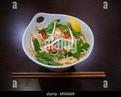 Schön und appetitlich Foto von einem traditionellen vietnamesischen Huhn Nudelsuppe, auch bekannt als Pho Ga. In einer weißen Schüssel mit Holz- Hintergrund und luxuri Stockfoto