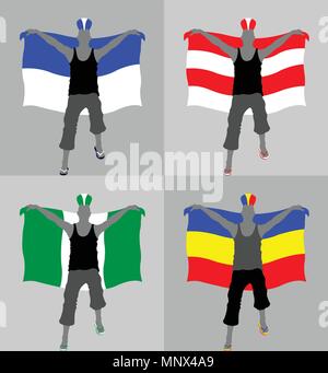 Sport unterstützer Silhouette mit Punk Frisur und Flagge. Alle Objekte und vier verschiedenen Silhouetten sind in verschiedenen Schichten. Stock Vektor