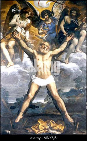 . Italiano: Crocifissione di Sant'Andrea Apostolo con gli Arcangeli Gabriele, Michele e Raffaele, Scuola di Annibale Carracci, forse Antonio Gherardi oppure Andrea Sacchi - Rieti, Chiesa di Santa Scolastica Englisch: Crocifissione di Sant'Andrea Apostolo con gli Arcangeli Gabriele, Michele e Raffaele, Schule von Annibale Carracci, vielleicht von Antonio Gherardi oder Andrea Sacchi - Viterbo (Latium, Italien), Kirche Santa Scolastica. 17. Jahrhundert. Schule von Annibale Carracci (1560 - 1609) 1106 Scuola di Annibale Carracci - Crocifissione di Sant'Andrea Apostolo con gli Arcangeli Gabriele, Michele e Raffae Stockfoto