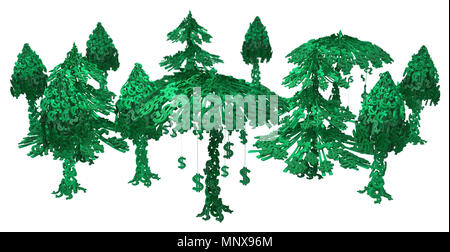 Dollar Geld symbol Bäume Gruppe Cartoon, 3D-Darstellung, horizontal, isoliert, über Weiß Stockfoto