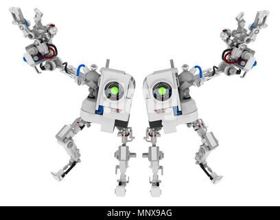Robotic Zahlen mit einem Arm, Paar stehend, 3D-Darstellung, horizontal, über Weiß, isoliert Stockfoto