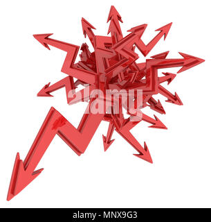 Roter Pfeil zickzack Blitz zeigt, 3D-Darstellung, horizontal, isoliert, über Weiß Stockfoto