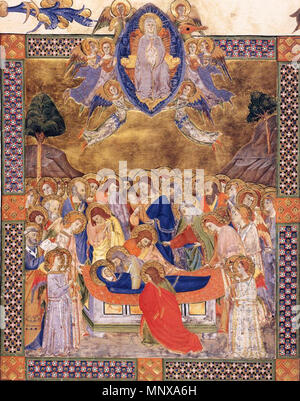 Englisch: Schrittweise von Santa Maria degli Angeli (Folio 142). Die Miniatur von Folio 142 zeigt den Tod und die Himmelfahrt der Jungfrau. Es stellt die Liturgie für das Fest Mariä Himmelfahrt (15. August). Die monumental gerendert Erzählung der Tod der Jungfrau Maria visualisiert drei entscheidende Momente in einer einzigen Zusammensetzung: ihre Grablegung, die Weitergabe ihrer Seele zu Christus, und ihre Annahme zum himmlischen Reich. Eine große Schar der Apostel und Engel - je nach Herkunft des Beleuchtung von einem chorbuch für das Kloster von Santa Maria degli Angeli - und Christus haben ga Stockfoto