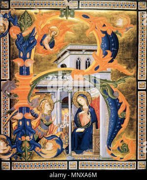 Englisch: Schrittweise von Santa Maria degli Angeli (Folio 60). Die Miniatur von Folio 60 zeigt die Verkündigung in einer ersten R. Diese anfängliche beginnt der Introitus der Messe für das Fest Mariä Verkündigung am 25. März. trotz des kleinen Formats der herrlichen Miniatur hat das monumentale Qualität der freien Malerei. Dieser Effekt wird durch die äußeren Rahmen des ersten, der mit seinen cosmatesque Muster, zum großen Bild Zyklen des vierzehnten Jahrhunderts bezieht - Toskana. ca. 1370 verbessert. 1121 Silvestro de Gherarducci - Schrittweise von Santa Maria degli Angeli (Folio 60) - WGA 08675 Stockfoto