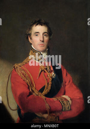 Arthur Wellesley, 1. Herzog von Wellington (1769-1852). Der Herzog von Wellington steht auf halber Länge, das Tragen des Feldmarschalls Uniform, mit dem Garter Star und Schärpe, die Abzeichen des Goldenen Vlies, und eine spezielle Abzeichen von der Prince Regent bestellt getragen von 1815 von Knights Grand Cross des militärischen Abteilung des Ordens der Badewanne, die auch Ritter Begleiter wurden über die Reihenfolge der Strumpfband. ca. 1815 - 16. 1124 Sir Arthur Wellesley, Herzog von Wellington 1. Stockfoto