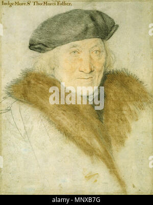 . Englisch: Portrait Studie von Sir John Mehr. Schwarze und farbige Kreide auf Papier, 35,4 x 27,6 cm, Royal Collection, Windsor. Sir John Mehr (1450/53 - 1530) war ein englischer Richter, der Vater von Sir Thomas More (1477/88 - 1535). Diese Zeichnung ist einer von sieben feinen überlebenden Studien von Holbein für seine Gruppe Portrait von Thomas More's Familie gezeichnet. Hier mehr trägt ein Kleid mit einem pelzkragen, aber in der Gruppe, Porträt, er trägt Roben der Richter. Nach Kunsthistoriker Foister Susan: "Die Zeichnung zeigt Holbeins tolle Anlage mit der Kreide mittel- und Variation der Note, von der schnellen Zickzack von t Stockfoto