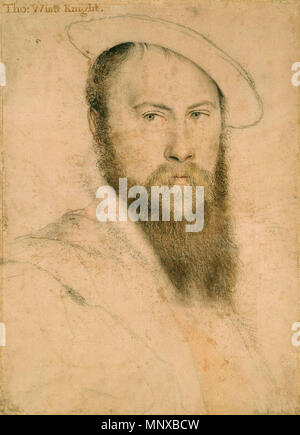 . Englisch: Porträt von Sir Thomas Wyatt. Schwarze und farbige Kreide, Feder und Tinte auf Rosa - grundiert Papier, 37,3 × 27,2 cm, Royal Collection, Windsor Castle. Thomas Wyatt (1503 - 42) war ein Diplomat und ein begnadeter Dichter, der die Italienische sonnet Form nach England eingeführt. Er wurde nach dem Fall von Anne Boleyn, der er in der Poesie bewundert verhaftet, aber er erholte sich Botschafter zu, bevor sie wieder im Jahre 1541 verhaftet wurde, Kaiser Karl V geworden. Holbein zeichnete auch ein Profil Portrait von Wyatt und entworfen, goldsmiths', für ihn zu arbeiten. Eine qualitativ hochwertige Kopie dieser Zeichnung von einer anderen Hand überlebt (rechts), Pro Stockfoto