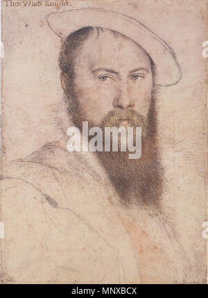 . Englisch: Porträt von Sir Thomas Wyatt. Schwarze und farbige Kreide, Feder und Tinte auf Rosa - grundiert Papier, 37,3 × 27,2 cm, Royal Collection, Windsor Castle. Thomas Wyatt (1503 - 42) war ein Diplomat und ein begnadeter Dichter, der die Italienische sonnet Form nach England eingeführt. Er wurde nach dem Fall von Anne Boleyn, der er in der Poesie bewundert verhaftet, aber er erholte sich Botschafter zu, bevor sie wieder im Jahre 1541 verhaftet wurde, Kaiser Karl V geworden. Holbein zeichnete auch ein Profil Portrait von Wyatt und entworfen, goldsmiths', für ihn zu arbeiten (Foister, 56). Eine qualitativ hochwertige Kopie dieser Zeichnung von einer anderen Hand überlebt, Stockfoto