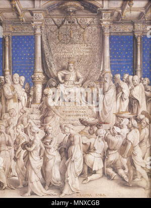 . Englisch: Salomo und die Königin von Saba. Pen und Brush in bistre und Grau waschen, in Weiß, Gold verstärkt, und oxidiertem Silber mit roten und grünen Aquarell über schwarze Kreide auf Pergament, 22,9 × 18,2 cm, Royal Library, Windsor Castle. c. 1534/1535. Hans Holbein (1497/1498-1543) Alternative Namen: Hans Holbein der Jüngere, Hans Holbein Beschreibung deutscher Maler und Zeichner Geburtsdatum / Tod 1497 oder 1498 zwischen 7. Oktober 1543 und 29. November 1543 Ort der Geburt / Tod Augsburg London Arbeitsort Basel (1515-1526), Luzern (1515-1526), Venedig (1515), Bologna (1515), Floren Stockfoto