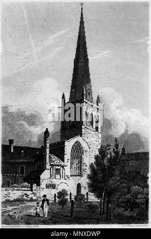 . Kirche St. Mary de Castro, Leicester, England, ca. 1814. Das Bild zeigt die Westwand der Kirche, vor dem viktorianischen Restaurierung. Die fachwerkhäuser Gateway kann gesehen werden, der sich bis an die Nordwand der Kirche (vergleichen: Schloss Hof Leicester.jpg). Bildunterschrift lautet: St Mary's Church, Leicester. Durch Woolnote graviert, aus einer Zeichnung von J.P. Neale für die Schönheiten von England & Wales/London: von John Harris, der St. Pauls Kirche Hof, Feb 1, 1814 veröffentlicht. 1814. Woolnote, aus einer Zeichnung von J.P. Neale 1137 St Mary de Castro Leicester c 1814 Stockfoto