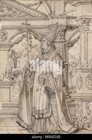 . Englisch: Hl. Pantalus unter einer Renaissance Portikus, Entwurf für ein Glasfenster. Feder und Tusche und Pinsel über vorläufige Kreidezeichnung, grau Waschen, 54,1 × 37,2 cm, Kunstmuseum Basel. Hl. Pantalus war die legendäre erste Bischof von Basel. Der Überlieferung nach wurde er mit der hl. Ursula und ihrer Anhänger in Köln den Märtyrertod. Er hält eine Palme Wedel, symbolisiert sein Martyrium (Müller, 228). Holbein später Hl. Pantalus in einem Design für die Orgel Fensterläden des Basler Münsters aufgenommen. c. 1519 - 21. Hans Holbein (1497/1498-1543) Alternative Namen: Hans Holbein der Jüngere, Hans Holbein Descript Stockfoto