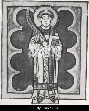 . English: St. Cyriakus im Speyerer Evangelistar aus dem Cyriakusstift Worms, 1197. Cyriacus (griech. Kyriakos, auch Cyriak, Cyriakus; † um 303 in Rom durch Enthauptung) Krieg ein Märtirer aus der Zeit der Christenverfolgung in Rom, der in der katholischen und der orthodoxen Kirche als Heiliger verehrt wird. Der Heilige wird zu den Nothelfern gezählt. Re Kirchennamenspatron der evangelischen Kirche Cyriakuakirche in Frankfurt-Rödelheim. 1197. zeitgenössischer Maler 1137 St. Cyriakus Speyerer Evangelistar von 1197 Stockfoto