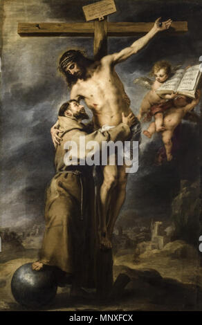 Der heilige Franziskus Christus am Kreuz umarmen. Español: El lienzo Vertreter ein San Francisco de Asís abrazando ein Cristo crucificado. . Ca. 1668-1669. 1144 Stfrancisembrace 1668 Stockfoto