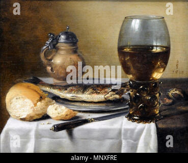 . Englisch: Stillleben mit Steingut Krug Wein Glas Hering und Brot. Künstler: Pieter Claesz. 1642. (Museum der schönen Künste, Boston, Massachusetts.). 9. April 2012. Pieter Claesz (1597/1598-1660) Alternative Namen: Pieter Claessen, Monogrammist PC Beschreibung holländische Maler Geburtsdatum / Tod ca. 1597-1598 Dezember 1660 Ort der Geburt / Todes Berchem, Antwerpen Haarlem Standort Antwerpen (1620), Haarlem (1621-1660) Kontrolle: Q 354832 VIAF: 47843985 ISNI: 0000 0000 8126 7401 ULAN: 500115282 LCCN: Nr 2004034832 WGA: Pieter Claesz. WorldCat 1146 Steinzeug Krug, Glas Wein, Stockfoto