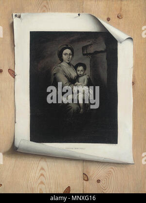 Englisch: eine Trompe-l'Oeil mit einem schabkunstblatt der Madonna und Kind nach Bartolomé Esteban Murillo (1618-1682). 1147 Nachfolger von Strickland Lowry - eine Trompe-l'Oeil mit einem schabkunstblatt der Madonna mit Kind Stockfoto
