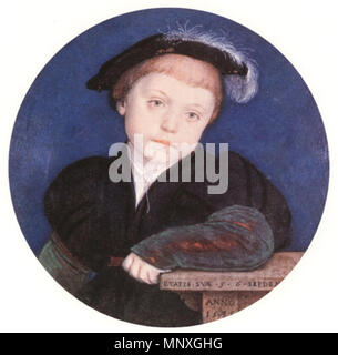 . Miniaturbildnis von Henry Brandon, 2. Herzog von Suffolk (1535-1551), Sohn von Charles Brandon, 1. Herzog von Suffolk, und Catherine Willoughby. Miniatur von Hans Holbein der Jüngere, Vellum, montiert auf Karte, 5,7 cm im Durchmesser. Königliche Sammlung im Schloss Windsor. Henry Brandon und sein Bruder Charles (rechts) wurden zuerst von Thomas Wilson und später betreute, mit Edward VI, von John Cheke. Henry geerbt Titel seines Vaters im Jahr 1545. Die Brüder gingen an das St John's College, Cambridge, aber sie starb der schwitzen Krankheit im Jahr 1551. Seit Henry über eine Stunde vor ihm starb, ist Charles d Stockfoto