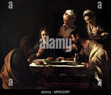 Englisch: Abendmahl in Emmaus Polski: Wieczerza w Emmaus circa 1606. 1151 Abendmahl in Emmaus-Caravaggio (1606) Stockfoto