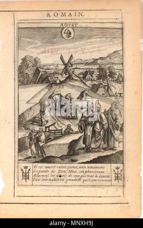 . Englisch: August. Landschaft mit Jesus Christus Adressierung zwei Priester in der unteren rechten, Bauern Ernten von Weizen im Hintergrund; Tierkreiszeichen Jungfrau oben in der Mitte; Buchdruck in Schwarz und Rot Tinte oben Eindruck und auf der Rückseite. Die Platte 1 in einer Serie von Gravuren, die zwölf Monate, wobei die Monate mit Szenen aus dem Neuen Testament und französische Text darunter. Höhe: 135 mm Breite: 89 Millimeter. Zwischen 1624 und 1645. Jan Gerritsz Sweelink (1600 oder 1601-1645) Alternative Namen Jan Gerritsz. Sweelink, Jan Gerritsz Swelinck Beschreibung niederländischer Maler, Zeichner und printmake Stockfoto