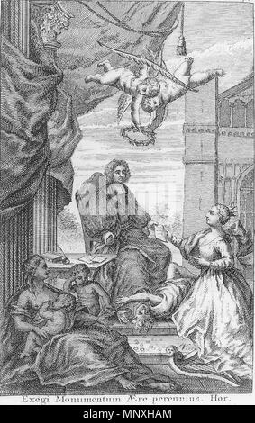 . Englisch: Titel Seite zu Swift, Jonathan. Die Werke von J.S., D.D., D.S.P.D: In vier Bänden: Enthält, 1. Das Thema miscellanies in Prosa. Ii. Seine poetischen Schriften. Iii. Die Reisen von Kapitän Lemuel Gulliver. Iv. Seine Papiere in bezug auf Irland ... unter denen sind, die schreiben Der Drapier für die Menschen in Irland gegen Erhalt der Holz-pence: auch zwei der ursprünglichen Drapier Briefe, nie zuvor veröffentlicht. Dublin: George Faulkner, 1735. OCLC 220597967. Das Bild zeigt die Swift den Dank von Irland und der SCHNEIDIGE der Hälfte des Holz-pence empfangen. Die lateinische Inschrift, von Horace, sagen Stockfoto