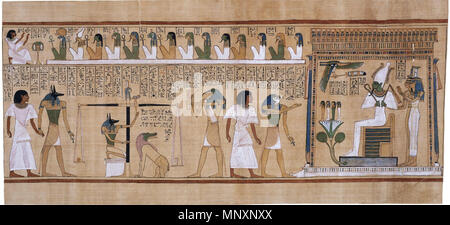 . Deutsch: "Dies ist ein hervorragendes Beispiel für eine der vielen schönen Motive (Illustrationen) aus dem Buch der Toten des Hunefer. Die Szene liest von links nach rechts. Auf der linken Seite, Anubis bringt Hunefer in das Gericht. Anubis wird auch angezeigt, supervizing [sic das Urteil Skalen]. Das Herz des Hunefer, dargestellt als ein Topf, wird gegen eine Feder wog, das Symbol der Maat, der etablierten Ordnung der Dinge, in diesem Zusammenhang bedeutet "was richtig ist". Die alten Ägypter glaubten, dass das Herz als Sitz der Gefühle, des Intellekts und der Charakter, und stellte somit den Guten oder Schlechten Stockfoto