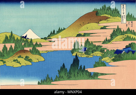 Japanisch: '相州箱根湖水' - soshu Hakone Hakone See in kosui Sagami Provinz. Teil der Serie 36 Blick auf Mount Fuji, Nr. 28. . Erste Veröffentlichung: um 1830. Diese Ausgabe: ca. 1930.. 1176 Der See von Hakone in der Provinz Segami Stockfoto