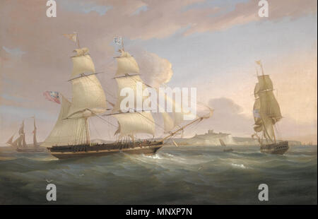Der Kaufmann Schnee Peru aus Dover. Das Handelsschiff "Peru" in drei Positionen vor der Küste od Dover. zwischen 1841 und 1845. William John Huggins (1781 - 1845) Alternative Namen w.j. Huggins Beschreibung Englisch Marinemaler Datum der Geburt / Tod 1781 19. Mai 1845 Ort der Geburt / Todes London London Authority control: Q 8013630 VIAF: 76278194 ISNI: 0000 0000 6708 8810 ULAN: 500013141 LCCN: Nr 2006017387 NLA: 35702948 WorldCat 1177 Der Kaufmann Schnee Peru aus Dover, Öl auf Leinwand Gemälde von William John HUGGINS Stockfoto