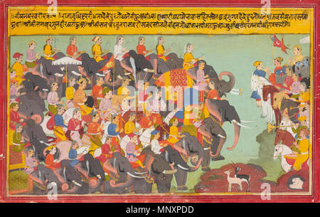 . Englisch: Eine Illustration des Mahabharata: Die pandava und Kaurava Armeen gegenüberstehen In dieser Abbildung aus dem Bhishma Parva des Epos, die Pandava und Kaurava Armeen angezeigt werden vor jeder anderen bekleidet auf dem Schlachtfeld von Kurukshetra. Duryodhana, Führer der Kaurava Armee, ist in der Mitte der seine Kräfte auf der linken Seite gesehen, unter einem weißen Sonnenschirm. Gegenüber sind seine Cousins der Pandavas, von Krishna und Arjuna, die ihre conches Beginn der Feindseligkeiten in diesem katastrophalen Schlacht Kennzeichnung Schlag geführt. Opak Aquarell mit Gold auf Papier Bild 9 3/4 verstärkt durch 15 3/4 in. (24.8 durch 4 Stockfoto