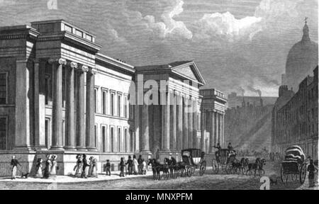 . Im 19. Jahrhundert Sitz der General Post Office in St Martins-le-Grand in der Londoner City. Antike Stahl Gravierte Drucken von Thomas Hosmer Shepherd (1793 bis 1864), die von Frederick Crace für eine Reihe von Zeichnungen von London beschäftigt war. Viele der Gravuren gehören Zahlen, Kutschen oder Boote. Ursprünglich hergestellt für Shepherd's 'Metropolitan Verbesserungen; oder London im 19. Jahrhundert" (1826 bis 1827). (Einen heutigen Blick auf die gleiche Lage). späten 1820s .. Thomas Schäfer 1179 Die Post in St Martin le Grand von Thomas Schäfer (Ende 1820) Stockfoto