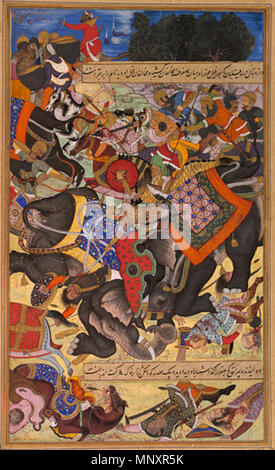 Der Krieg Elefanten Citranand und Udiya kollidieren in der Schlacht. Dieses Gemälde aus dem akbarnama (Buch von Akbar) ist auf der linken Hälfte einer Seite Zusammensetzung. Die andere Seite ist das Museum. Ist. 2: 63-1896. Es zeigt den Elefanten Citranand Angriff auf einen anderen, genannt Udiya, während der Mughal Kampagne gegen die Rebellen von Khan Zaman und Bahadur Khan im Jahre 1567. Die akbarnama wurde vom Großmogul Akbar (1556 - 1605) als die offizielle Chronik seiner Herrschaft in Auftrag gegeben. Es war in der Persischen durch seinen Hof, Historiker und Biographen geschrieben, Abu'l Fazl, zwischen 1590 und 1596, und der V&A teilweisen Kopie von Stockfoto