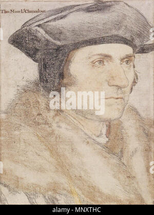 . Englisch: Portrait Studie von Sir Thomas More. Schwarze und farbige Kreide auf Papier, 40,2 x 30,1 cm, Royal Collection, Windsor. Sir Thomas More (1477/88 - 1535) war einer der führenden englischen humanistischen Gelehrten und Lordkanzler unter Heinrich VIII. von England. Er wurde im Jahre 1535 nach der Ablehnung der Eid auf die Akte der Überlegenheit zu unterzeichnen ausgeführt. Mehr erhielt Hans Holbein als Gast im Jahre 1526, nach einer Empfehlung von seinem Freund Desiderius Erasmus. Holbein gemalt ein Porträt von Mehr zu dieser Studie und auch eine Gruppe Portrait von mehr Familie, jetzt verloren, in denen Mehr dargestellt wurde in der gleichen Pose. Dies ist eine der Stockfoto