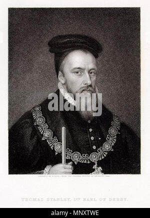 Thomas Stanley, 1st Earl of Derby. 19. jahrhundert Gravur nach einem 16. Jahrhundert Porträt. Es behauptet wurde von Thomas Stanley, 1. Earl of Derby (c1435 *; † 1504), aber offenbar nicht als Kostüm- und Bart aus dem späten 16. Jahrhundert. Es ist wahrscheinlich Edward der 3. Earl (1509-72, oder möglicherweise Heinrich der 4. Beide waren bärtige und waren Ritter der Strumpfband, aber der Bart ist die meisten ähnlich wie Edward's. Englische Staatsmann. 1836. 1190 Thomas-Stanley-1.-Graf-von-Derby Stockfoto