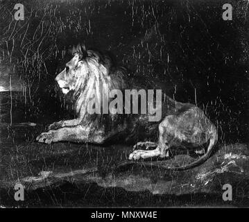 Zurückzuführen auf Théodore Géricault (Französisch, 1791-1824). "Lion in der Ruhe", Anfang des 19. Jahrhunderts. Öl auf Leinwand. Walters Art Museum (37.882): Erworben durch William T. Walters, 1887-1893. 37.882 1191 Théodore Géricault - Löwe in der Ruhe - Walters 37882 Stockfoto