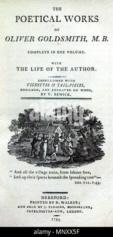 . Englisch: Titelseite des poetischen Werke von Oliver Goldsmith, M.B. in einem Band abgeschlossen. Mit dem Leben des Autors. Verziert mit Vignetten & Tail-Pieces, entworfen und graviert auf Holz, von T.Bewick. Die Seite enthält eine Vignette von jungen Dorf Männer und Frauen tanzen im Kreis, in einer rustikalen Umgebung wie Bewick's Home, über ein Couplet aus dem verlassenen Dorf: "Und das ganze Dorf Zug, von der Arbeit frei, '' nach oben ihren Sport Led unter dem grünen Baum' Hereford: Gedruckt von D. Walker; und von J.Parsons, Buchhändler, Paternoster-Row, London verkauft. 1794. 1794. Oliver Goldsmith (Poe Stockfoto