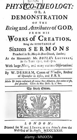 . Englisch: Titel Seite von Physico-Theology von William Derham, zuerst veröffentlicht 1713, Edition 1723. 1713. William Derham 1196 Titel Seite von Physico-Theology von William Derham 1713 (ed 1723) Stockfoto